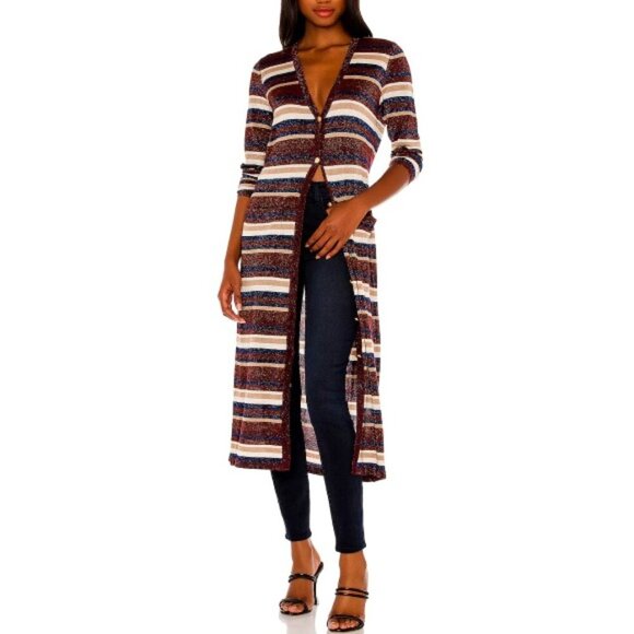 L'AGENCE 'Lulex' Metallic-Stripe Maxi Cardigan Sweater, Brown Multi - Picture 1 of 5
